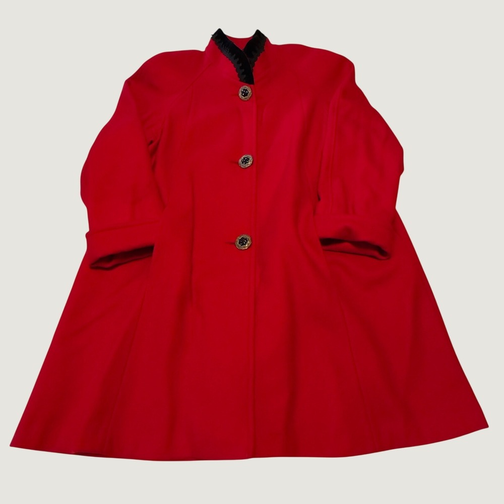 Jofeld Wool Coat Red Velvet Trim Mock Neck Vintage Medium A-Line Made in USA
